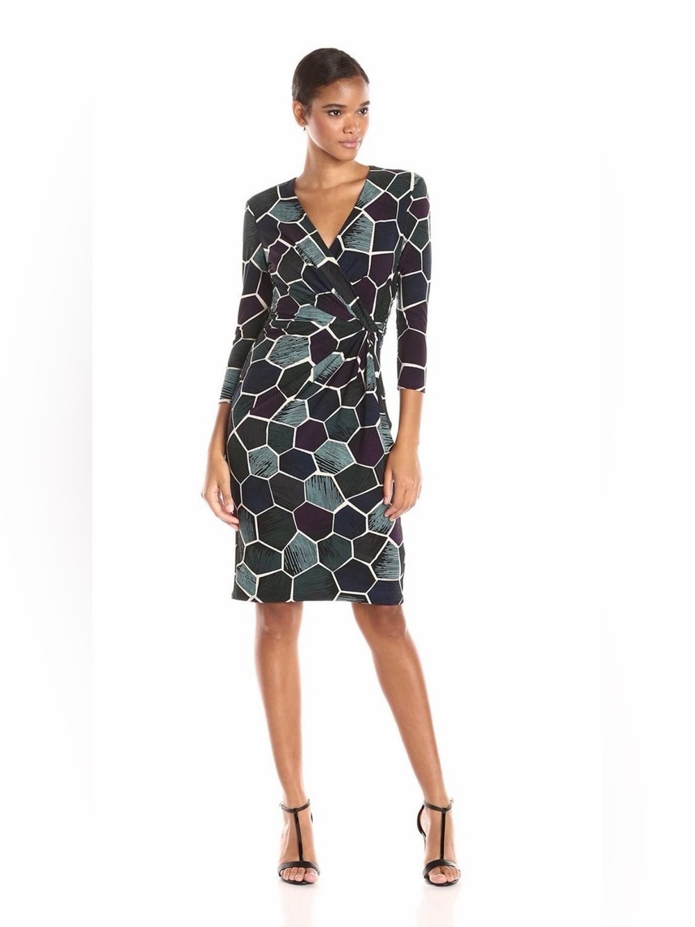 Anne Klein 12 Black-Multi Phoenix Combo Printed Stretch Jersey Draped Dress